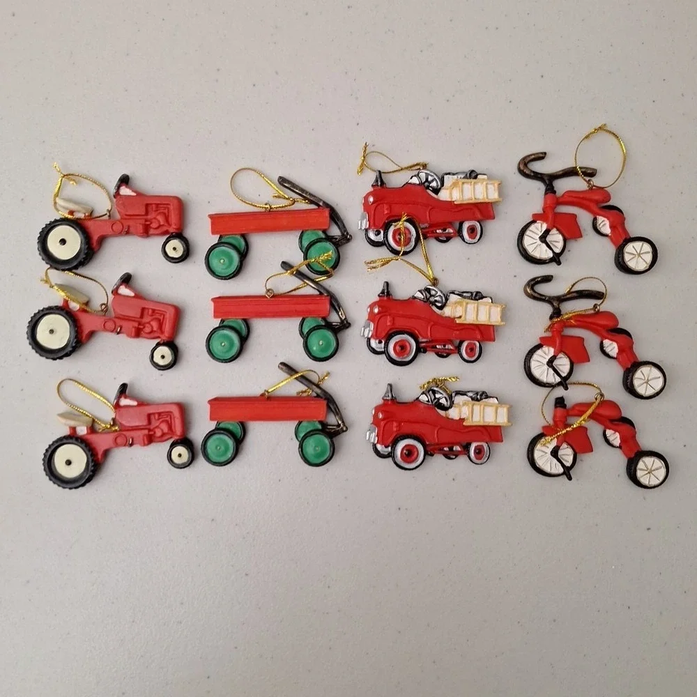 Vintage Christmas Ornament Set of 12 Tractor Bicycle Firetruck Wagon See Descrip